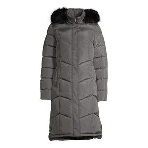 Swiss Tech Women's Gray Mid-Length Puffer Coat with Hood 8-10 Medium